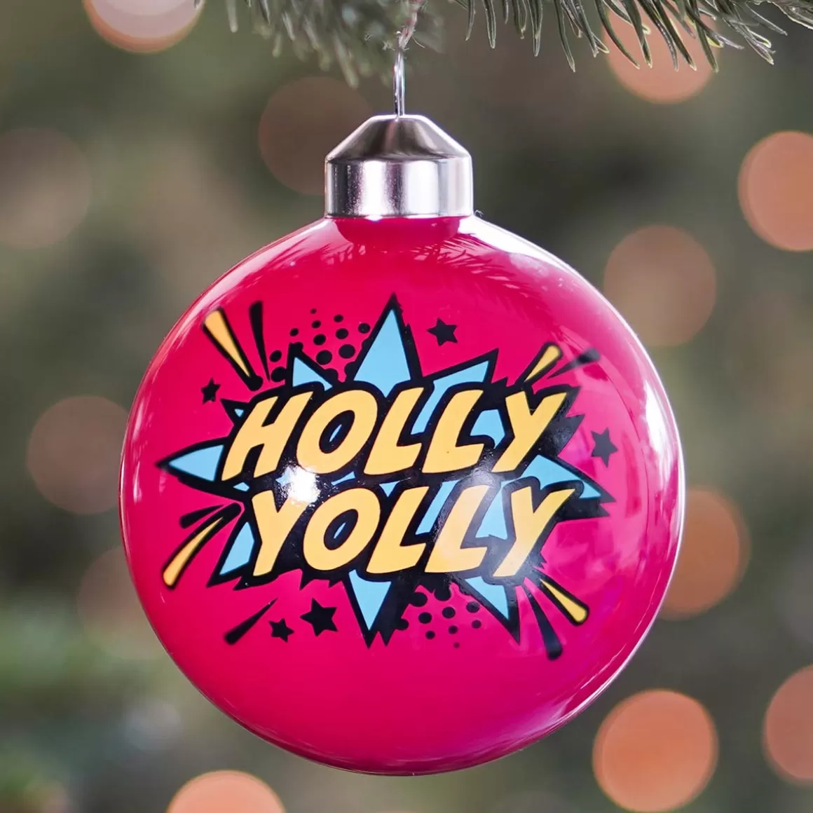 It's all about Christmas Weihnachtsbaumanhänger | Außergewöhnliche Weihnachtskugeln^Extravagante Pop-art Weihnachtskugel „Holly Yolly“, Pink, Glas, 8 Cm