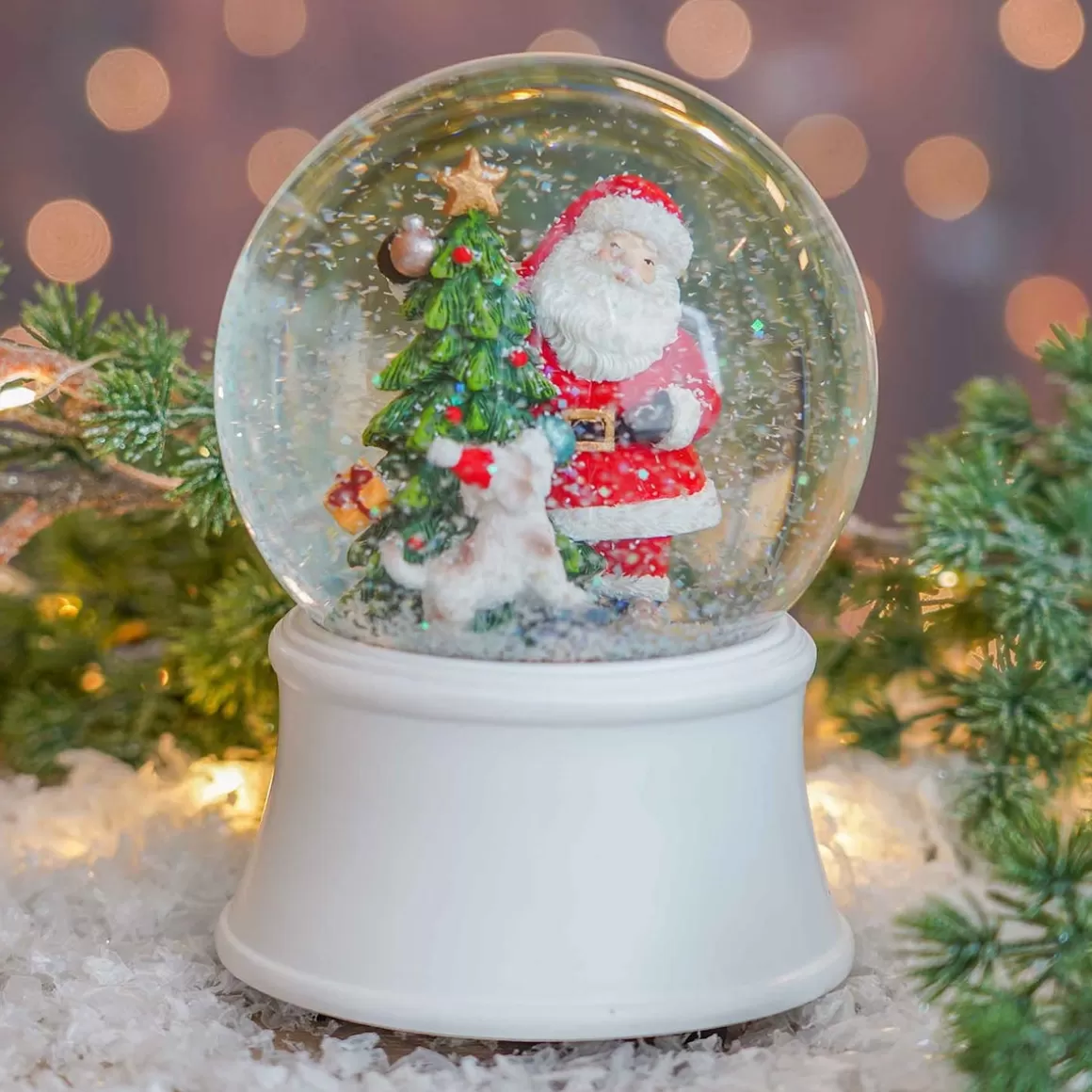 It's all about Christmas Alle Weihnachtsdeko | Schneekugeln^Schneekugel Mit Spieluhr Weihnachtsmann Mit Hund, Weiß, Glas, 15 Cm