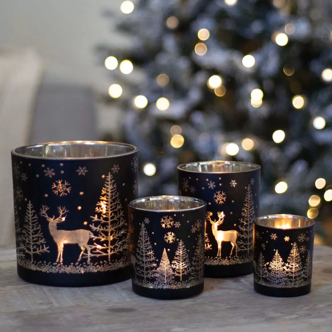 It's all about Christmas Weihnachtskerzen^Teelichthalter Rentier Im Wald, Schwarz, Glas, 10 Cm